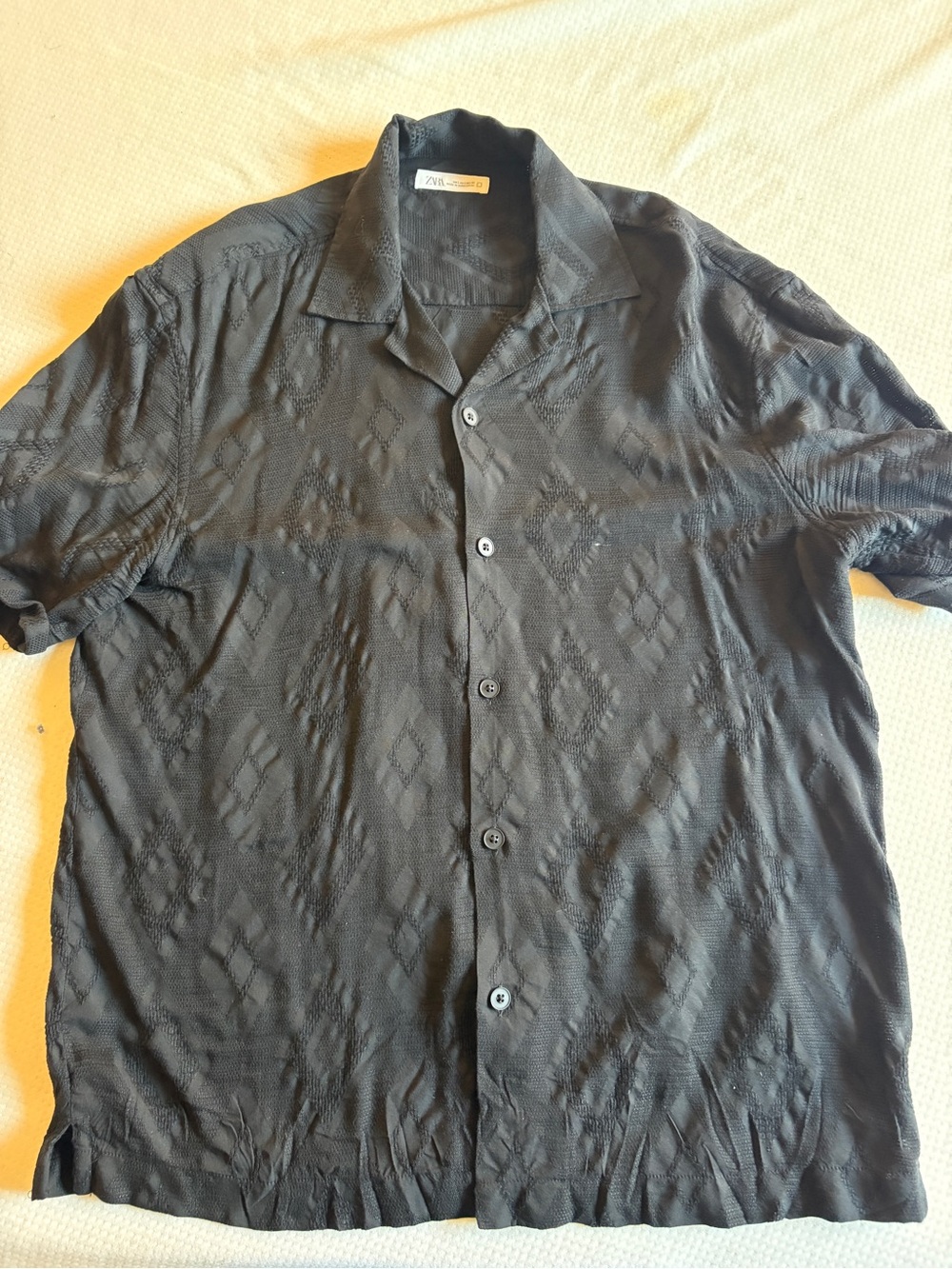 Zara Black Textured Button-Up Camp Shirt